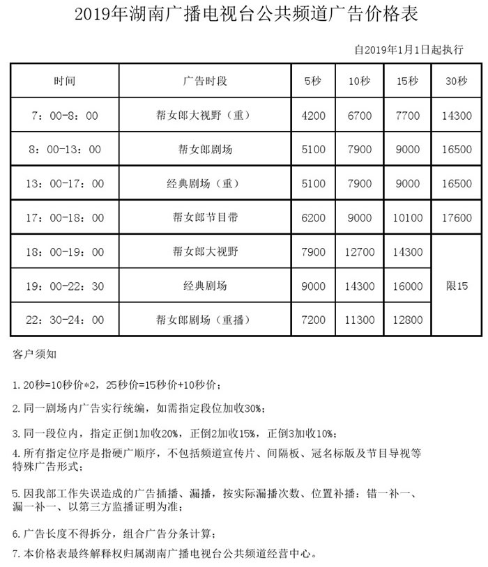 湖南电视台公共频道2019年广告价格